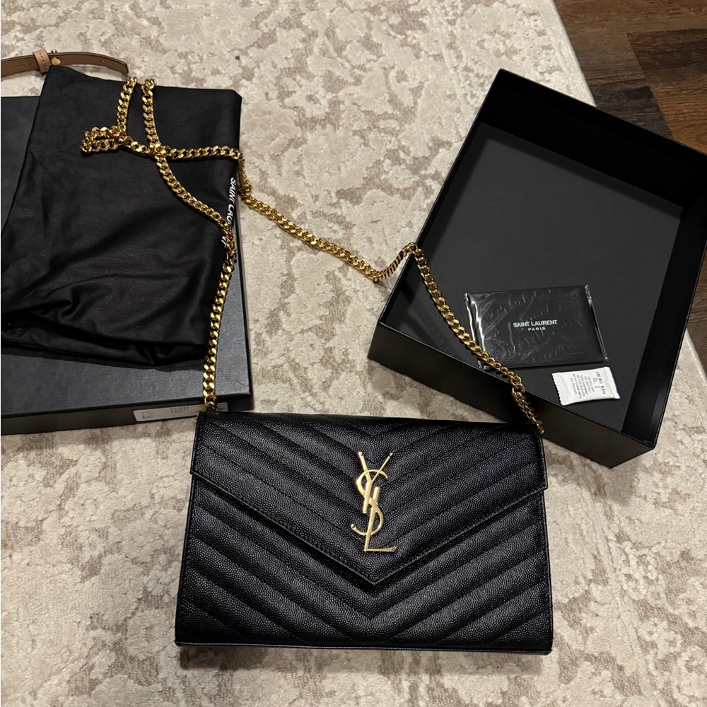 Saint Laurent Black Chevron Clutch with Gold Chain